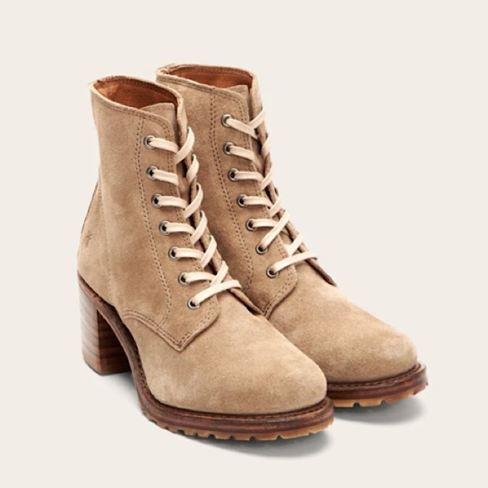 Frye Sabrina 6G Beige/Light Tan Suede/Leather Combat Heeled Everyday Ankle Boot - Picture 12 of 13
